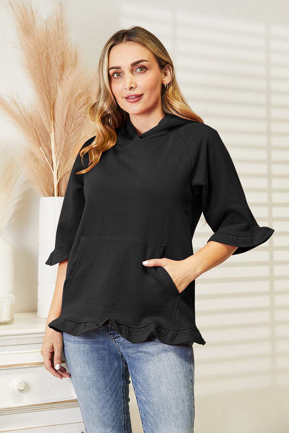 Buy black Ninexis Full Size Raglan Sleeve Ruffled Hoodie with Pocket