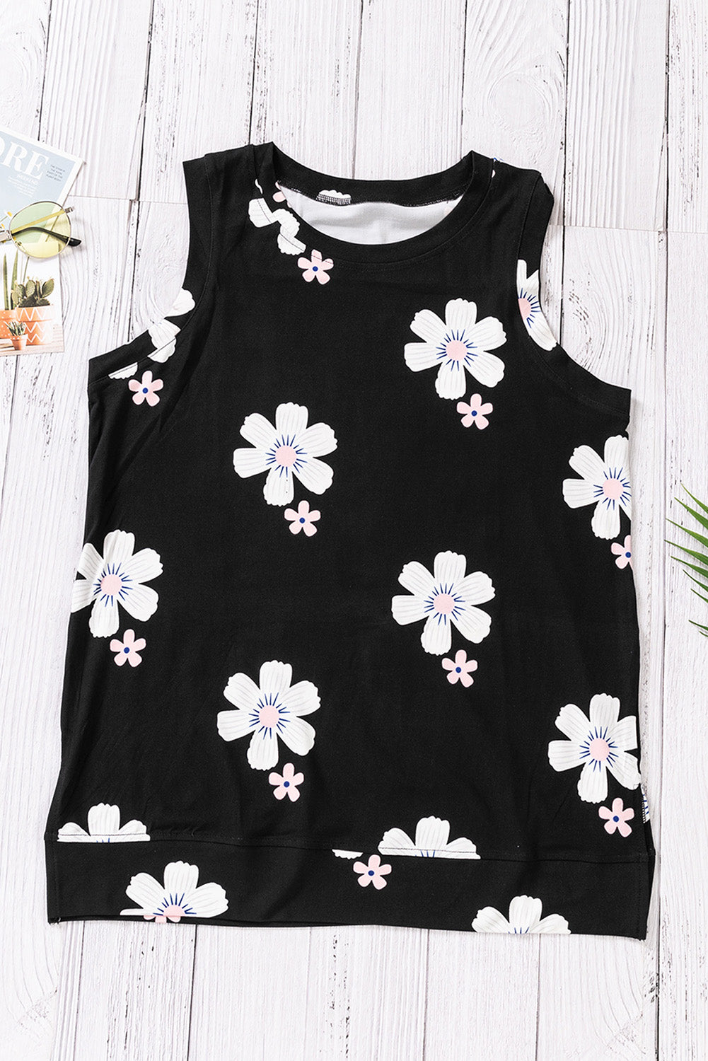 Buy black Printed Side Slit Round Neck Tank