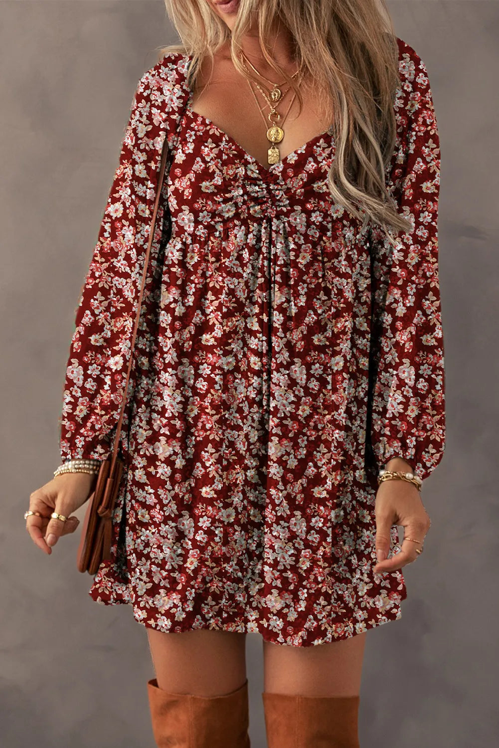 Buy burgundy Ruched Printed Long Sleeve Mini Dress