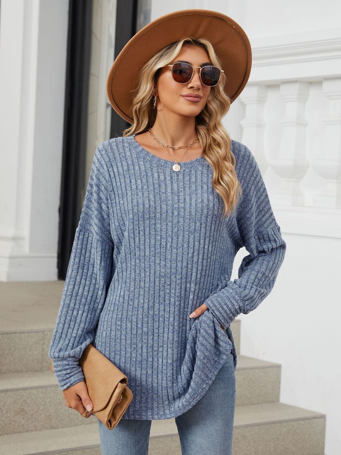 Buy dusty-blue Ribbed Round Neck Long Sleeve T-Shirt