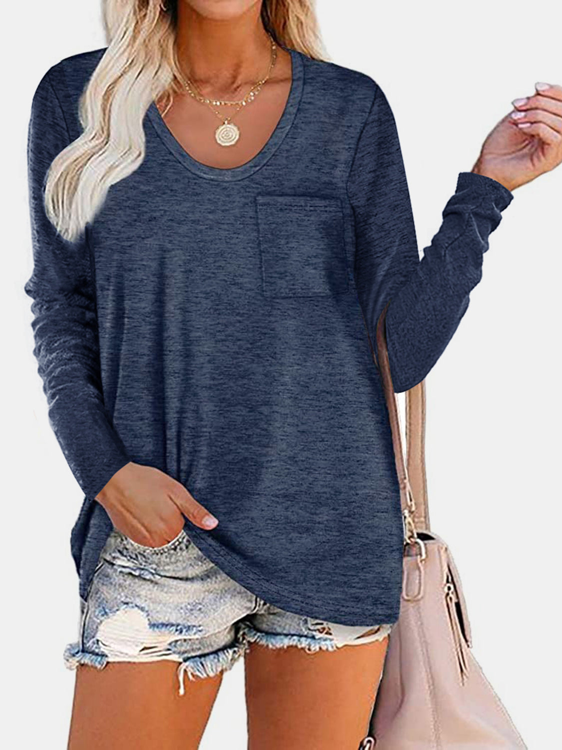 Buy dark-blue Round Neck Long Sleeve T-Shirt