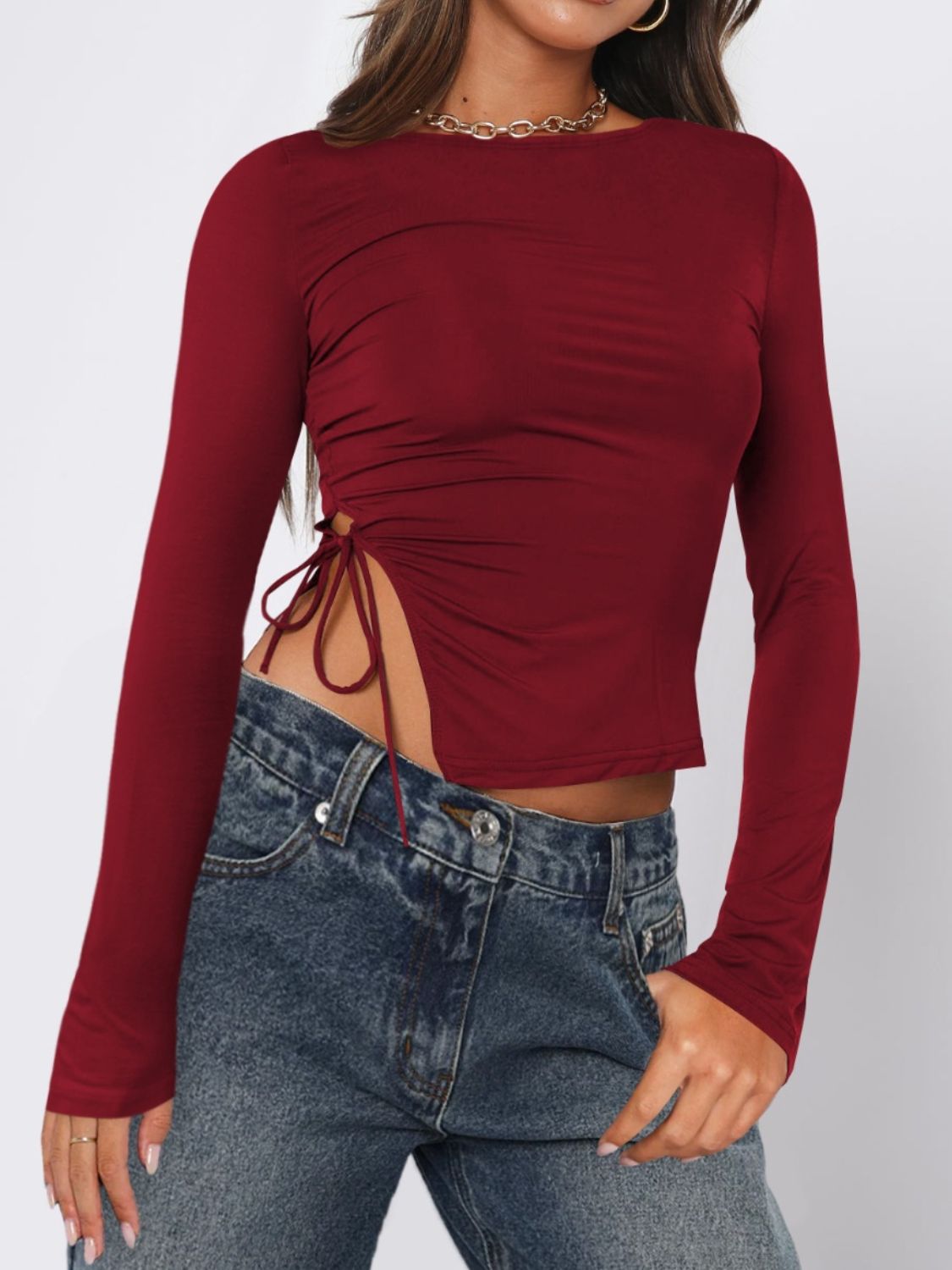 Buy burgundy Tied Slit Round Neck Long Sleeve T-Shirt