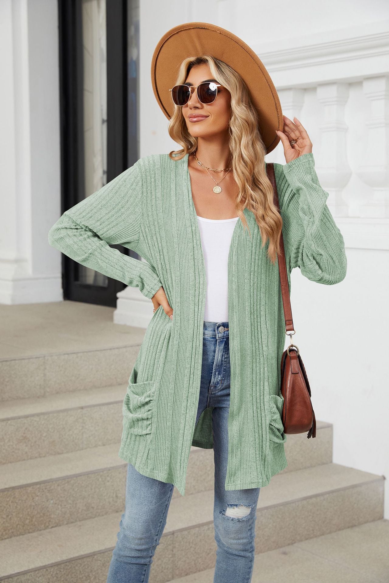 Buy gum-leaf Pocketed Open Front Long Sleeve Cardigan