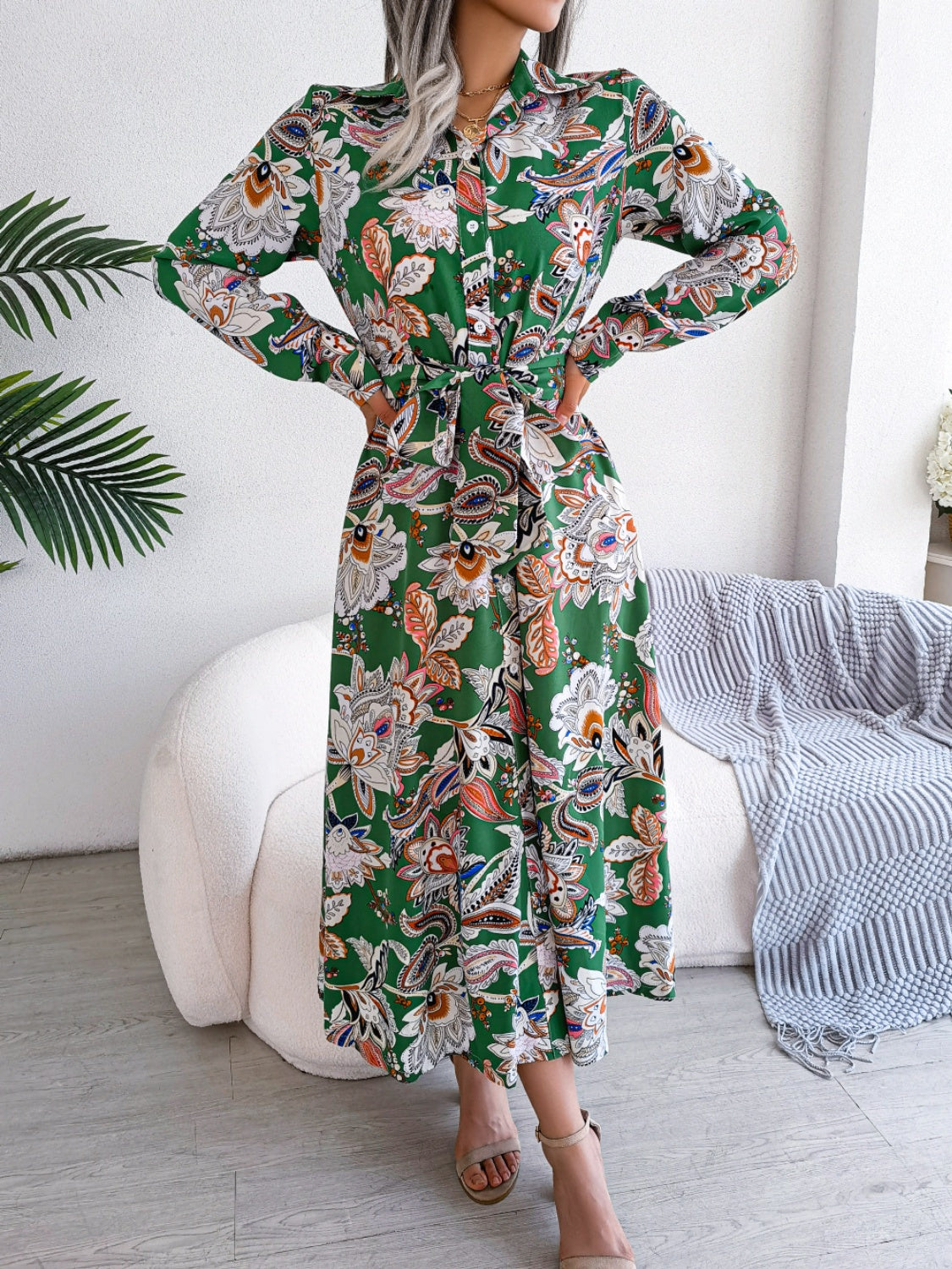 Buy green Tied Printed Long Sleeve Midi Dress