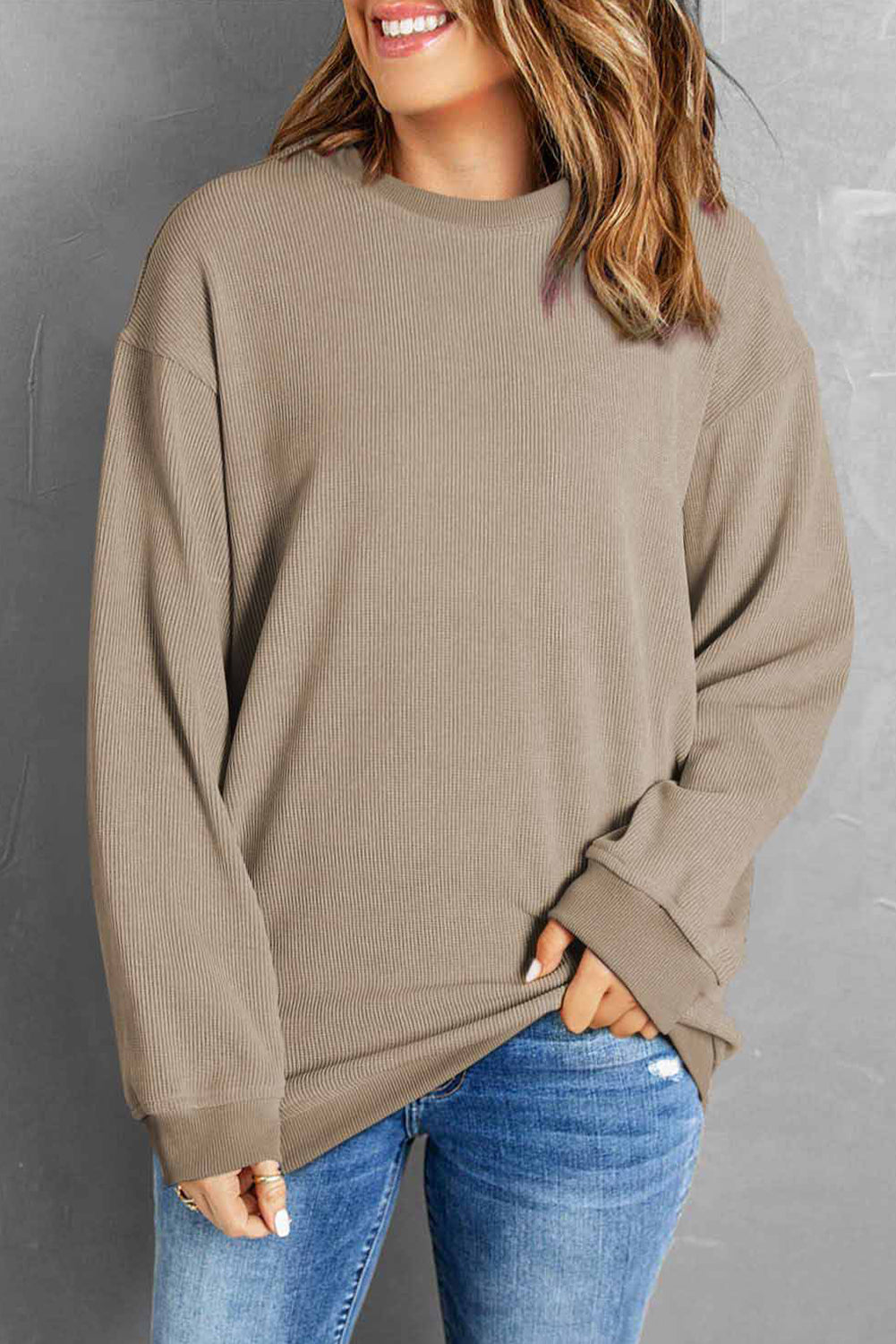 Buy khaki Round Neck Dropped Shoulder Sweatshirt