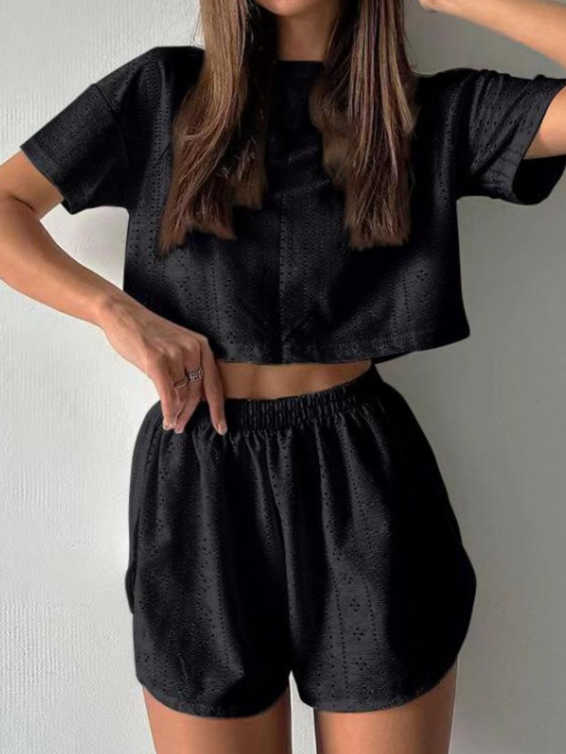 Buy black Eyelet Round Neck Top and Shorts Set