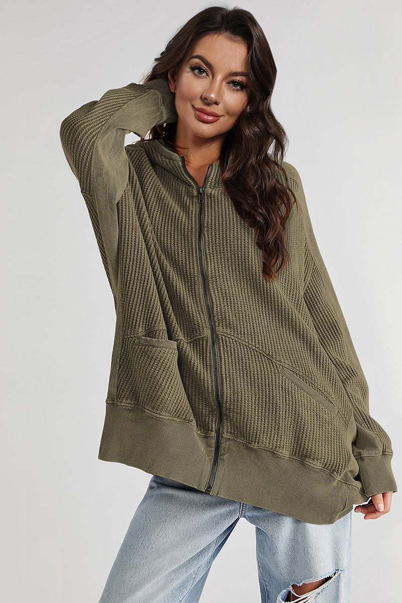 Buy army-green Zip-Up Long Sleeve Jacket