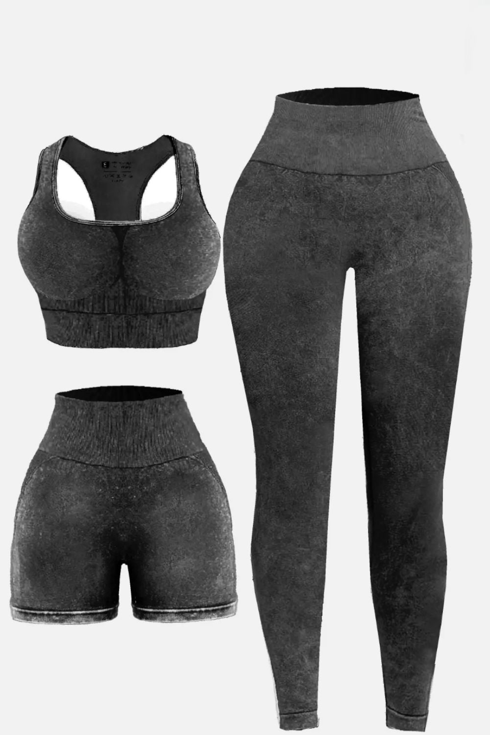 Buy dark-gray 3 Piece Washed Square Neck Wide Strap Active Set