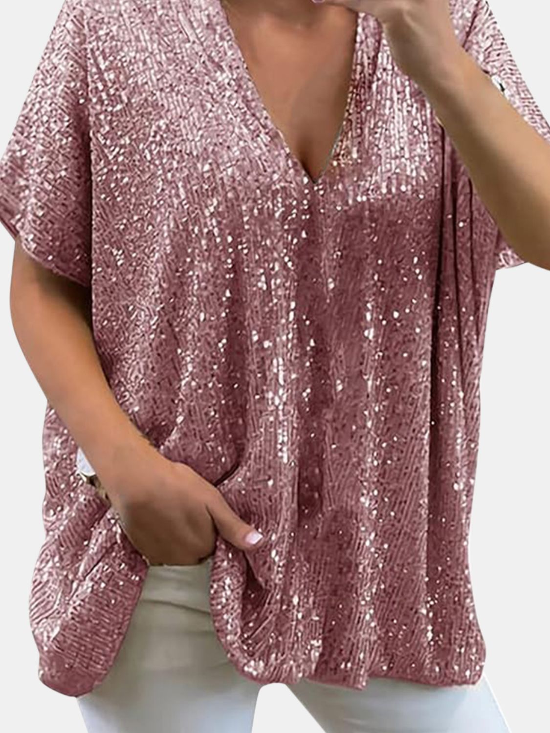 Buy rose-gold Full Size Sequin V-Neck Short Sleeve Top