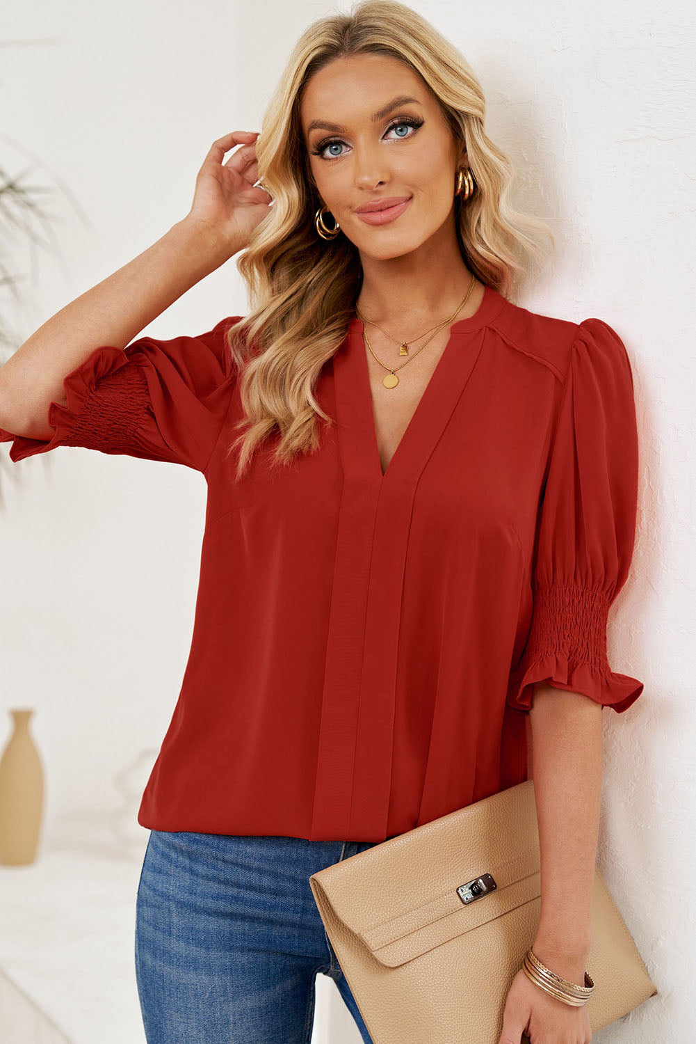 Buy deep-red Smocked Flounce Sleeve Notched Neck Blouse