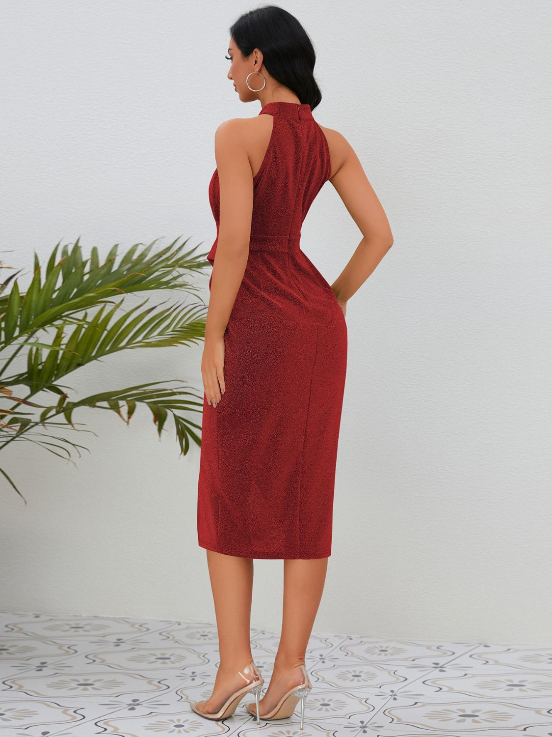 Buy burgundy Slit Ruched Mock Neck Sleeveless Dress