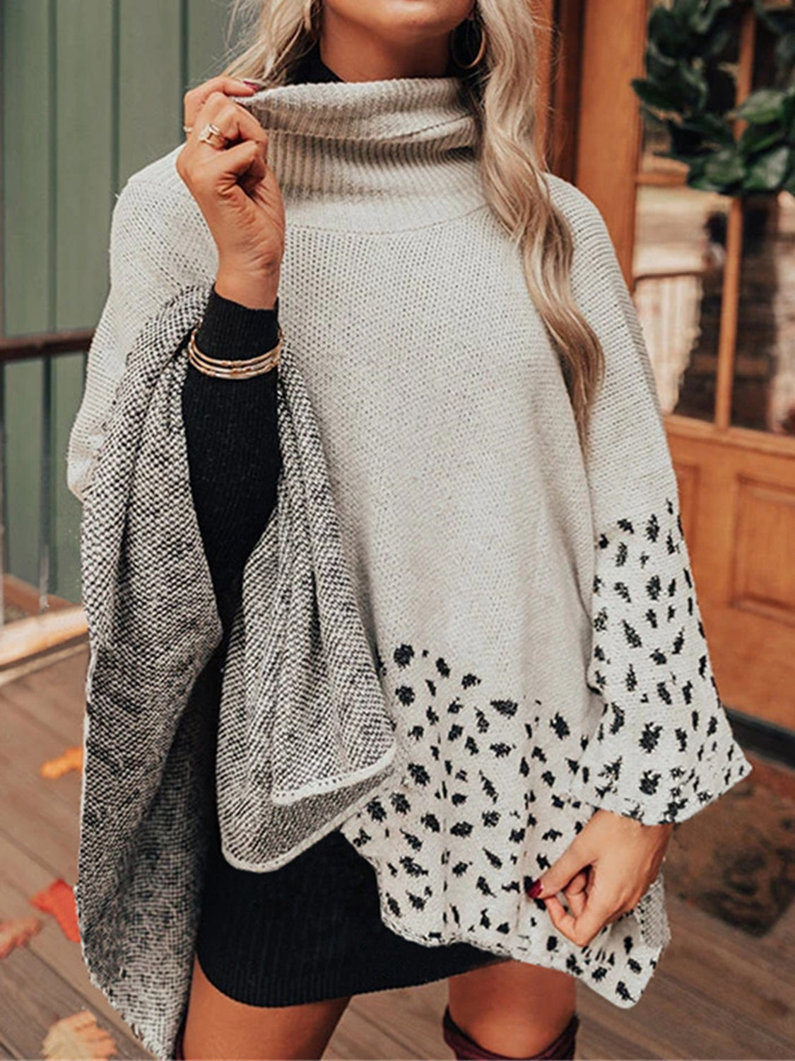 Buy light-gray Leopard Turtleneck Poncho