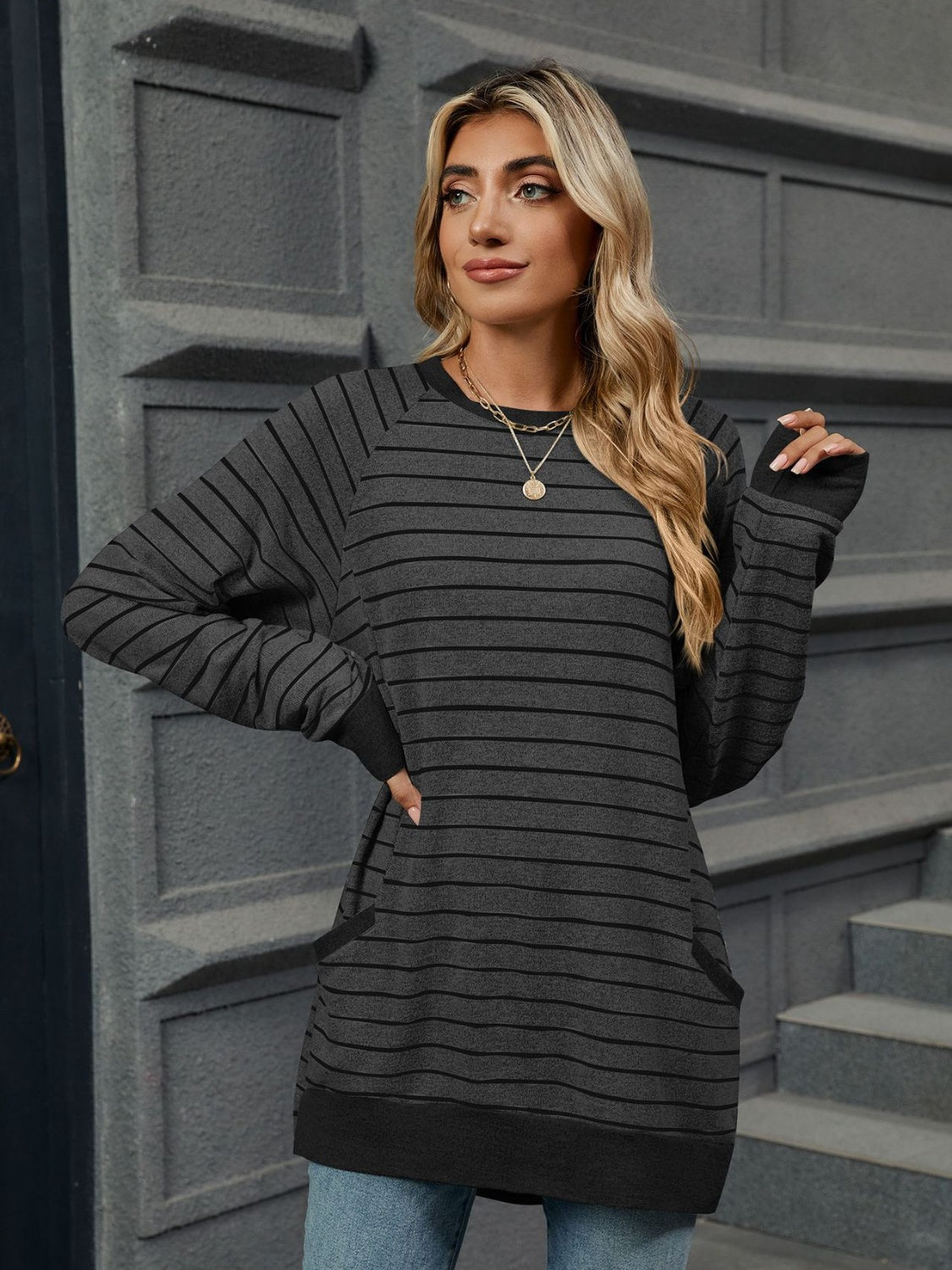 Pocketed Striped Round Neck Long Sleeve T-Shirt