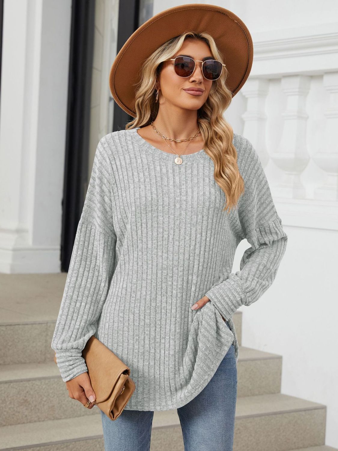 Buy light-gray Ribbed Round Neck Long Sleeve T-Shirt