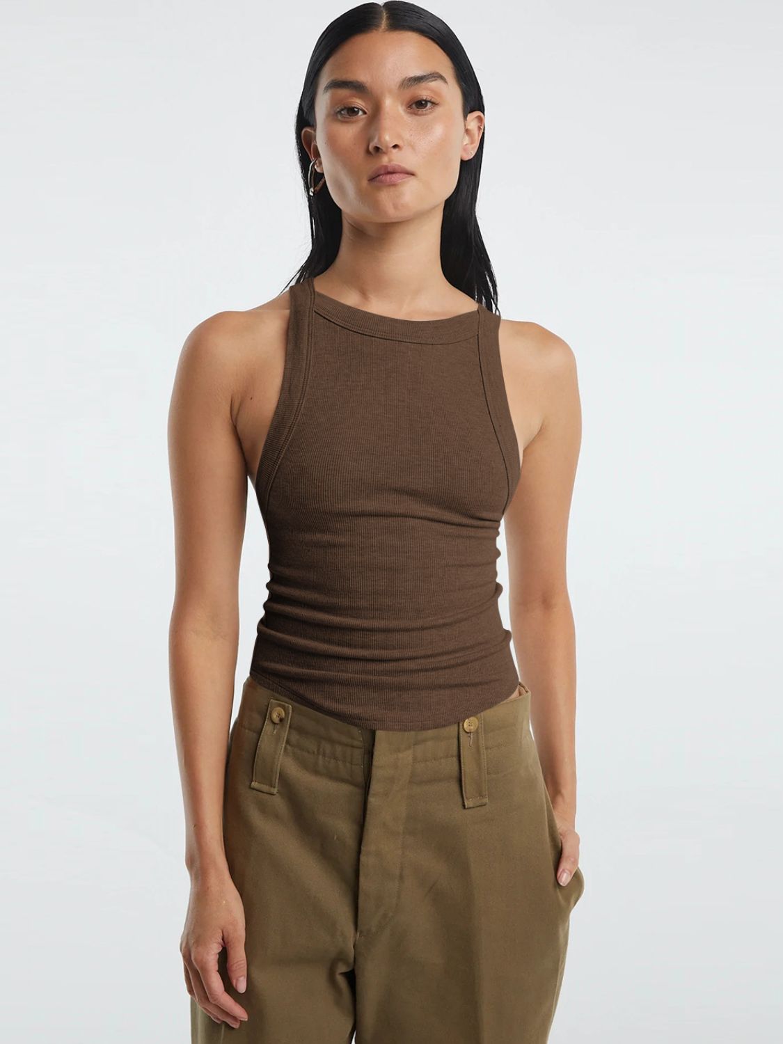 Buy chocolate Halter Neck Ribbed Cropped Top