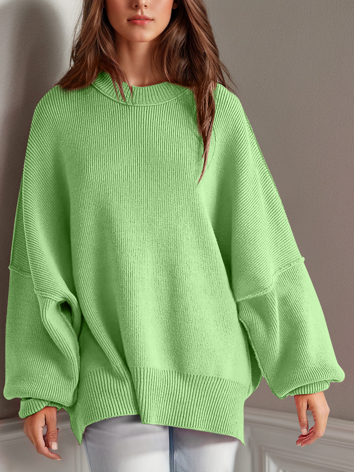 Buy lime Double Take Side Slit Round Neck Long Sleeve Sweater