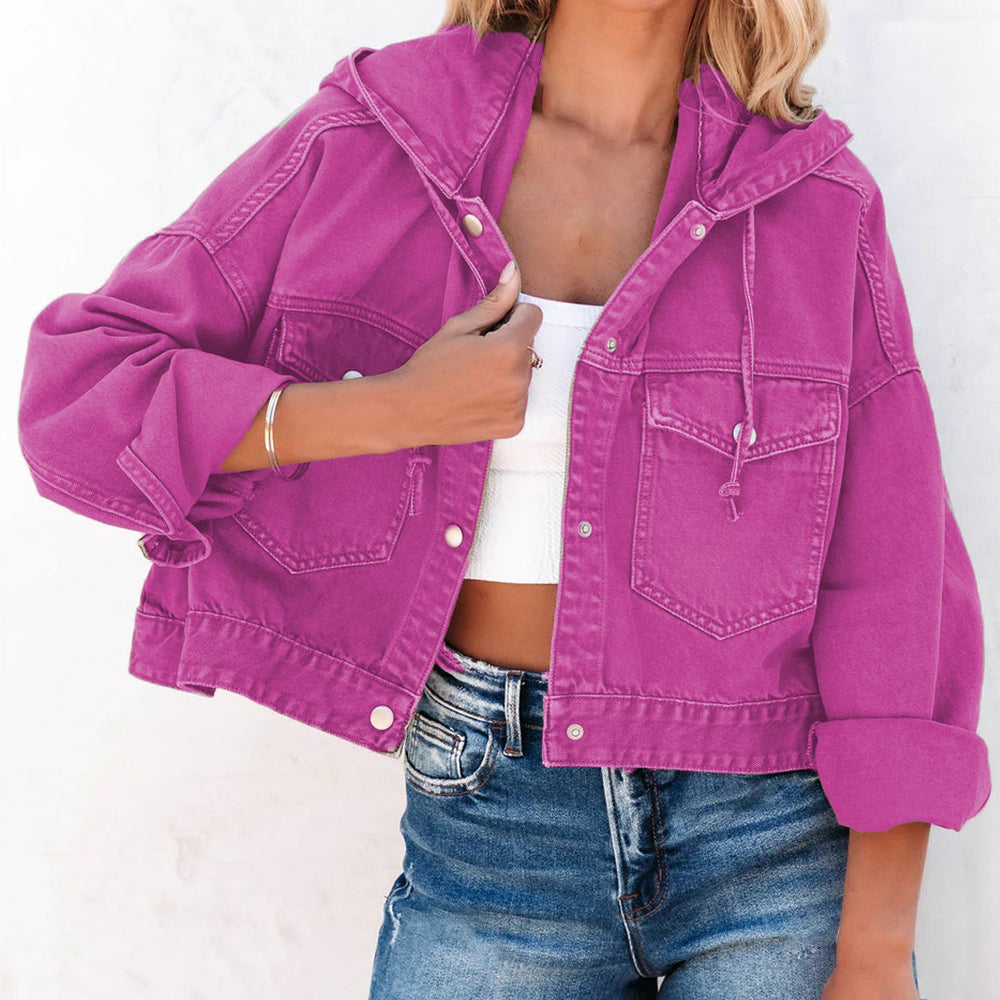 Buy fuchsia Hooded Dropped Shoulder Denim Jacket