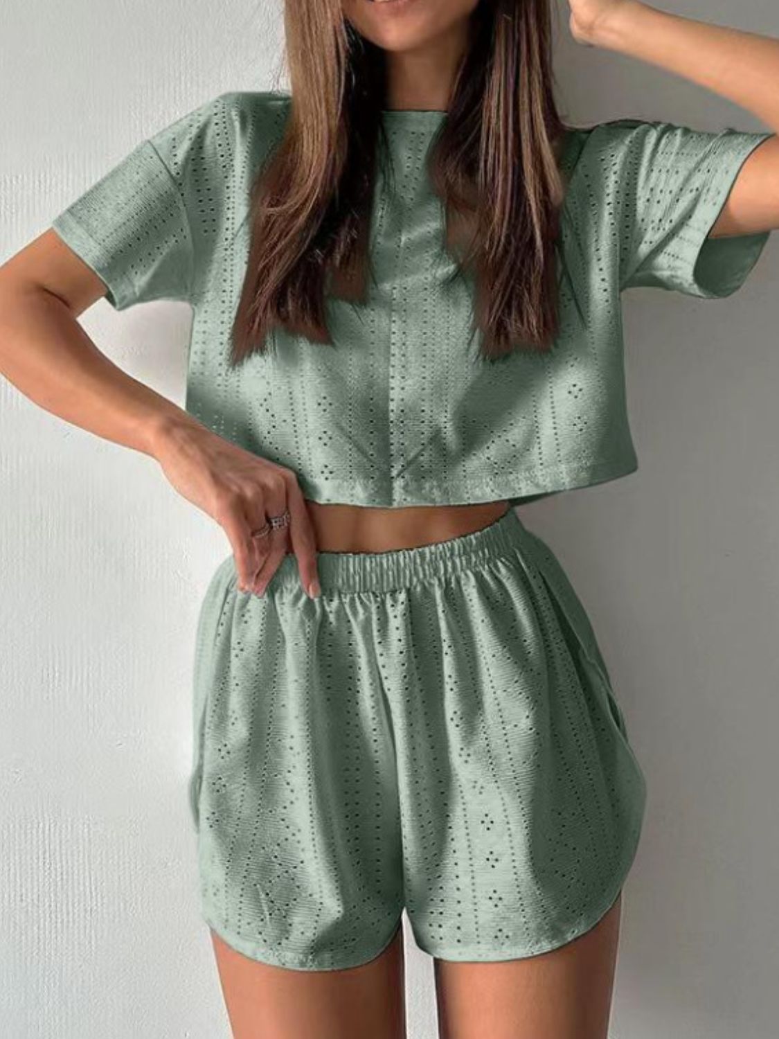 Buy sage Eyelet Round Neck Top and Shorts Set