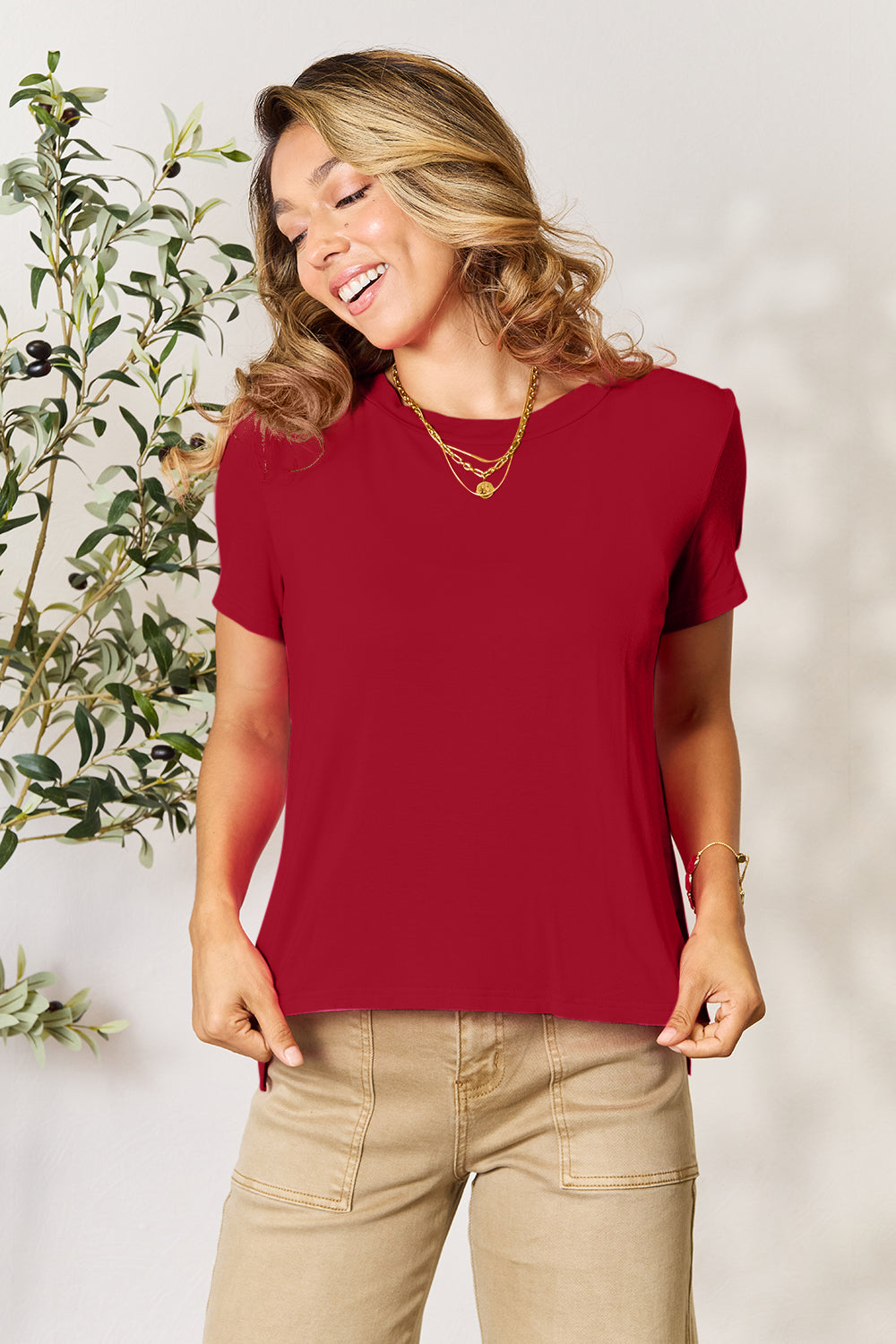 Buy deep-red Basic Bae Full Size Round Neck Short Sleeve T-Shirt