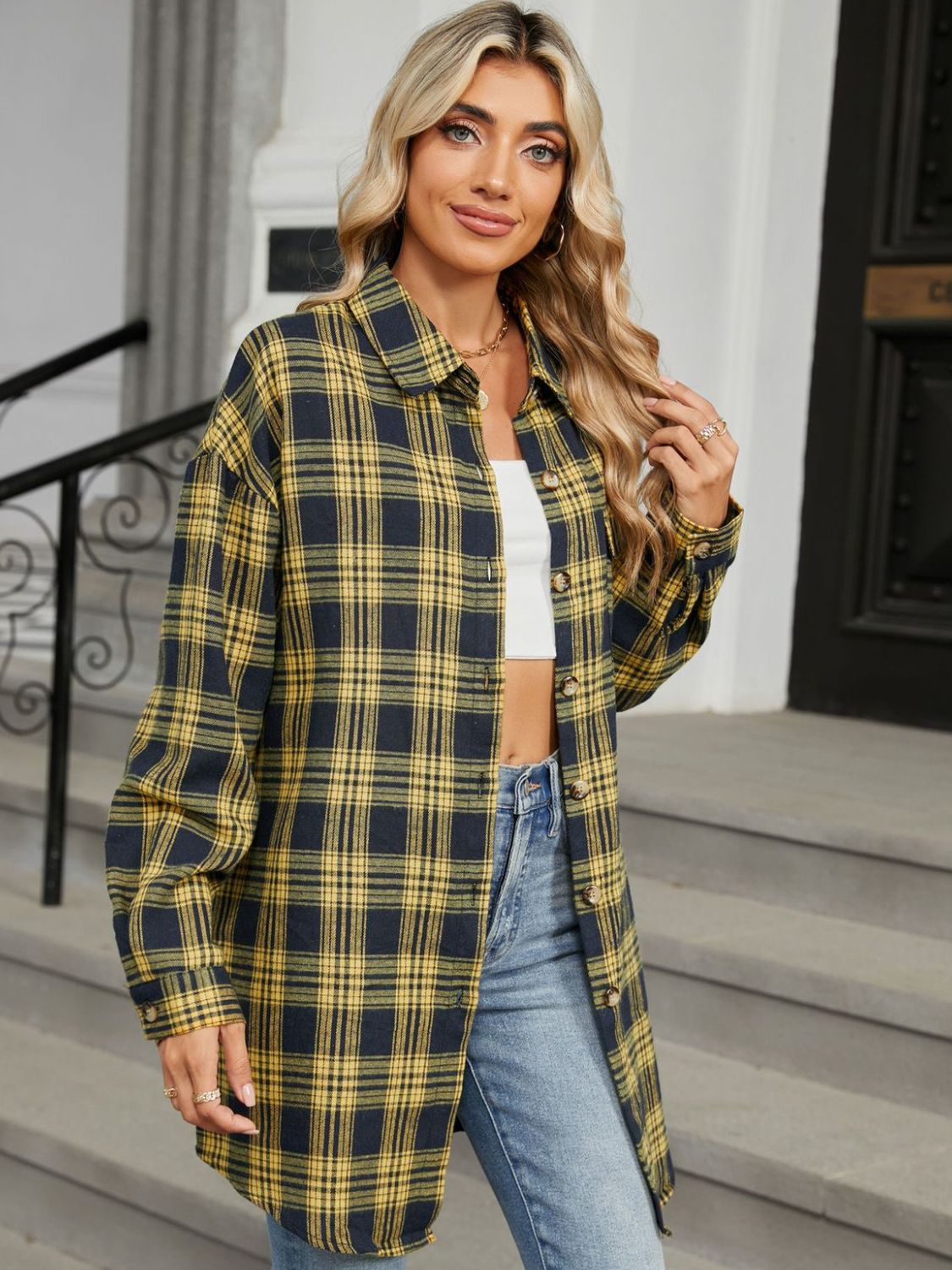 Plaid Collared Neck Long Sleeve Shirt