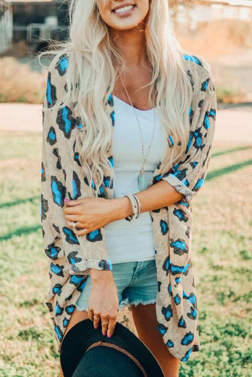 Buy pastel-blue Printed Open Front Half Sleeve Cardigan