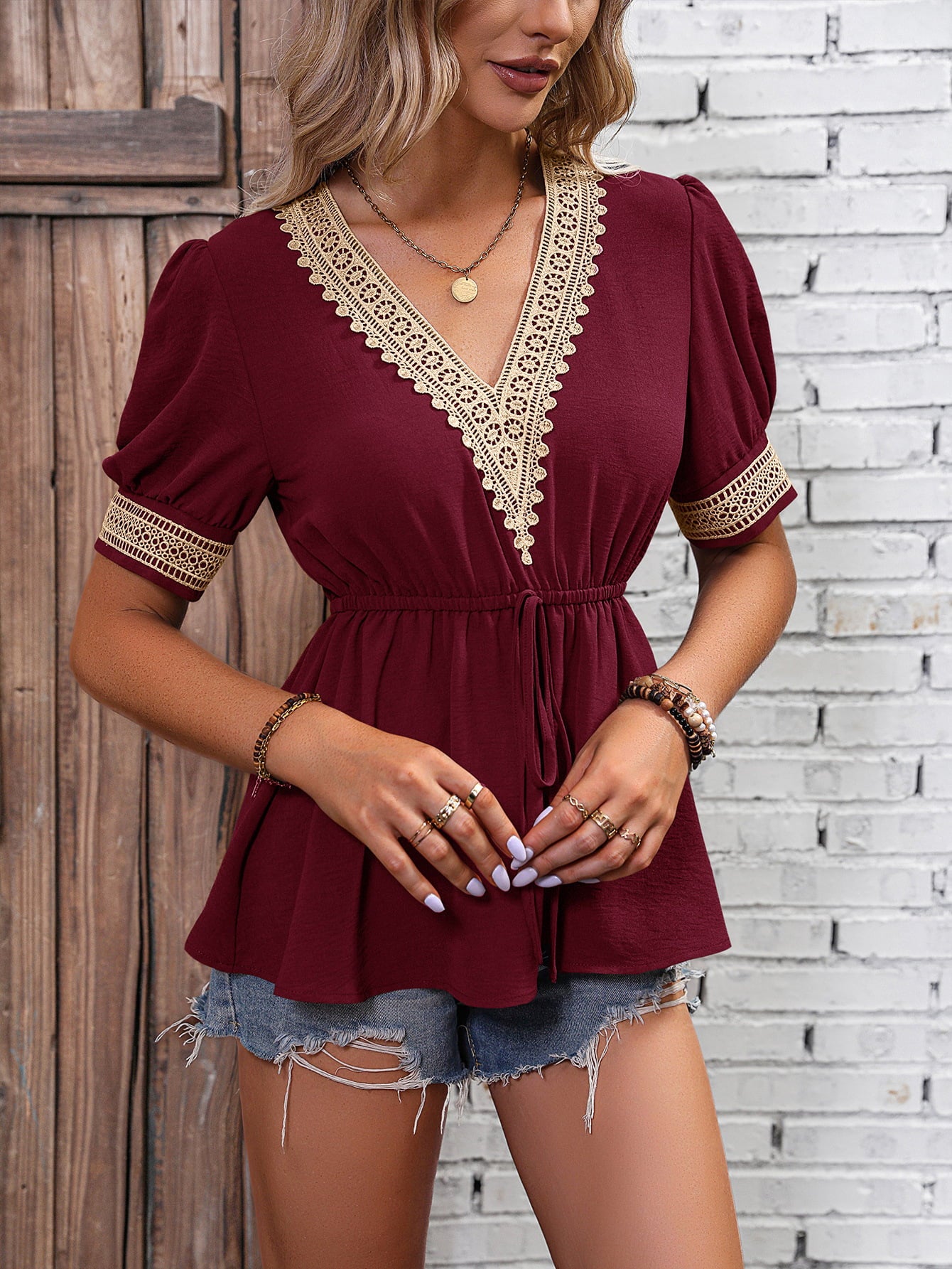 Buy wine Ivy Lane Contrast V-Neck Babydoll Top