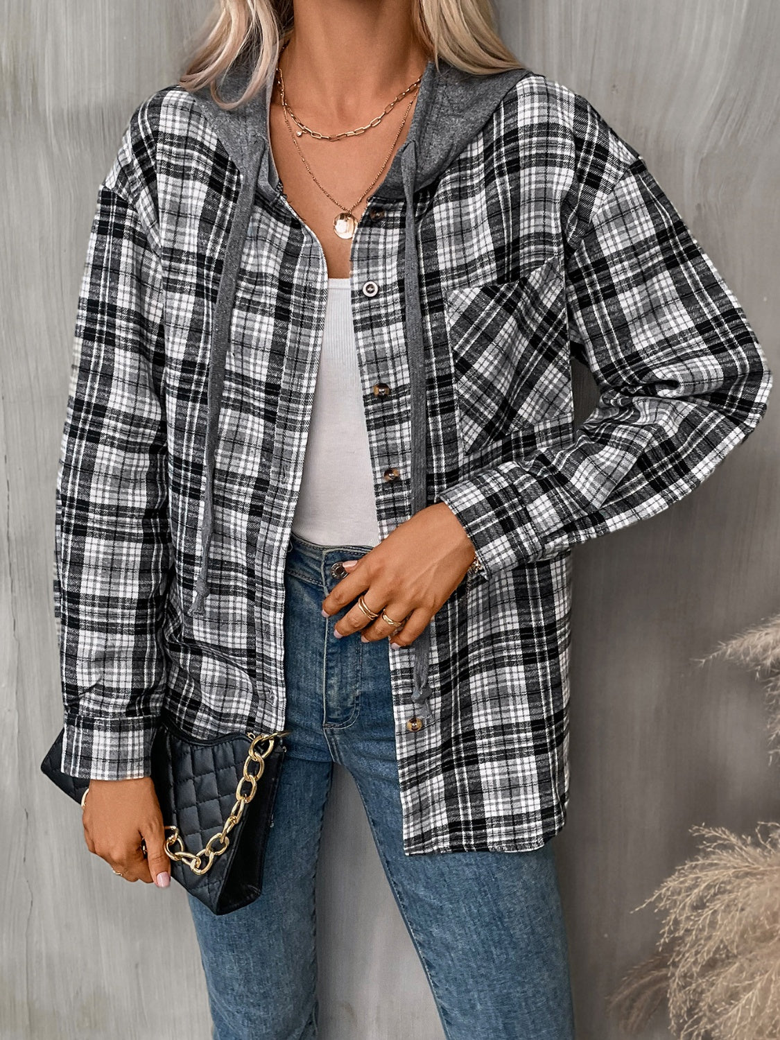 Buy black Plaid Long Sleeve Hooded Jacket