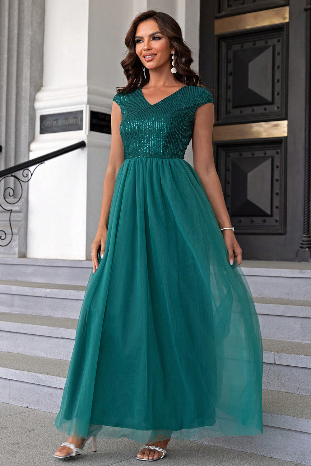 Buy turquoise Sequin V-Neck Mesh Maxi Dress