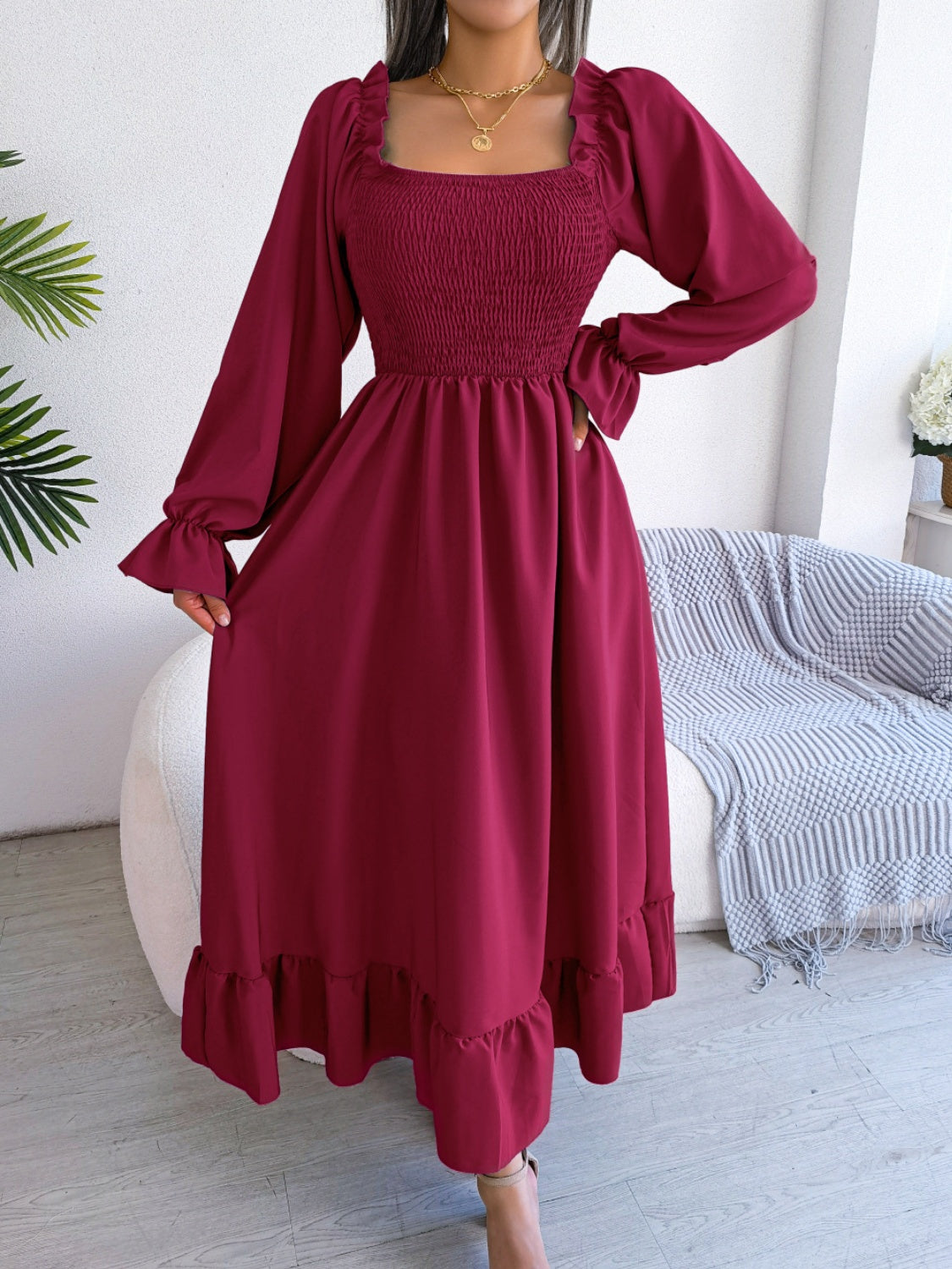 Buy burgundy Smocked Square Neck Flounce Sleeve Dress