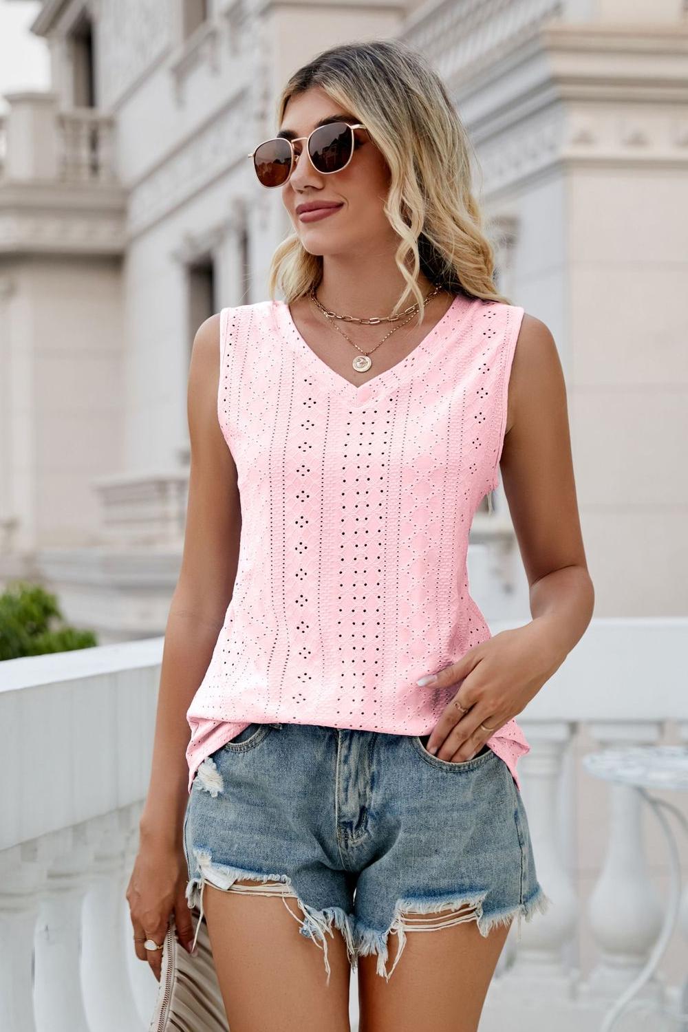 Buy blush-pink Eyelet V-Neck Tank