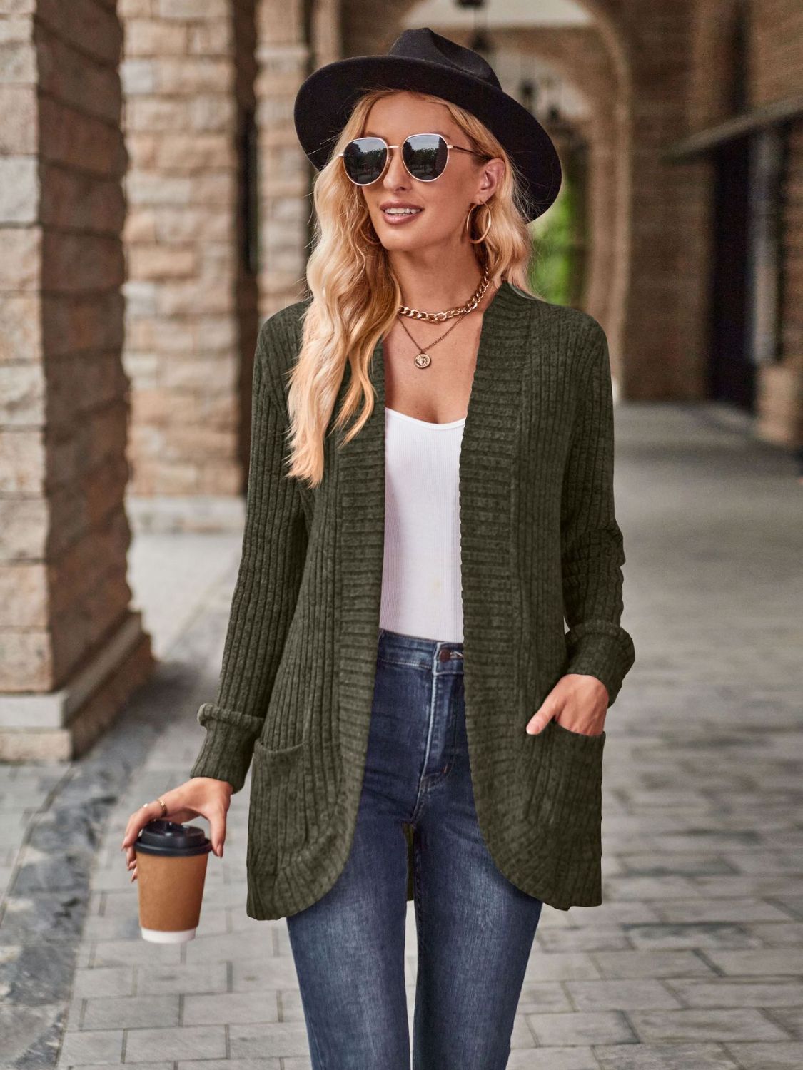 Buy dark-green Open Front Cardigan with Pockets