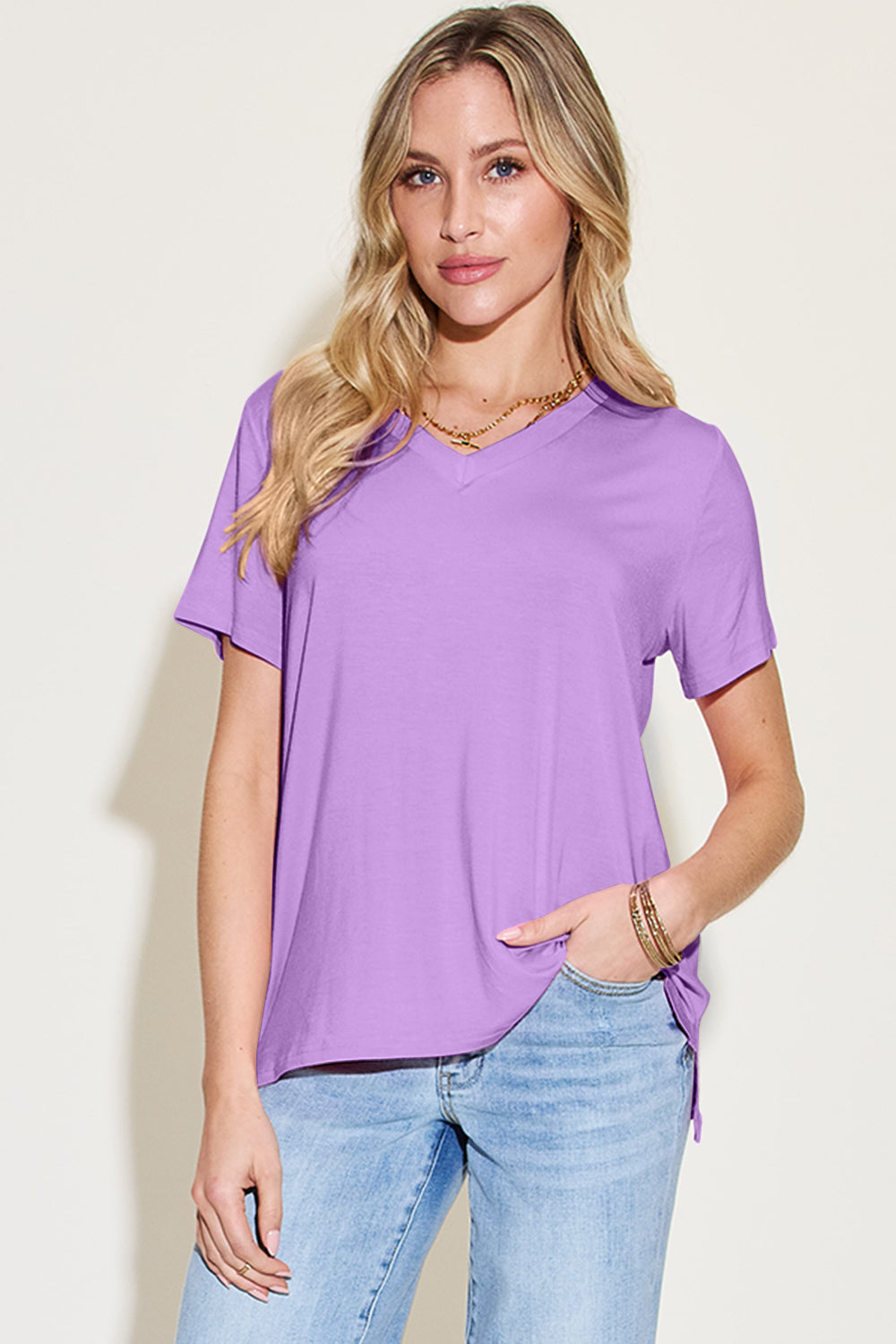 Buy lavender Basic Bae Bamboo Full Size V-Neck High-Low T-Shirt