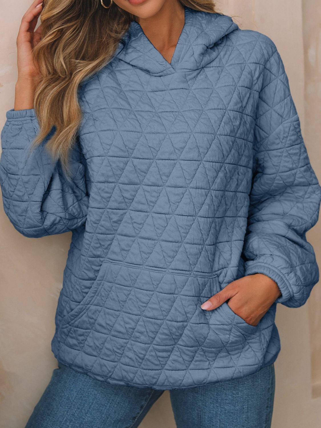 Buy dusty-blue Textured Long Sleeve Hoodie with Pockets