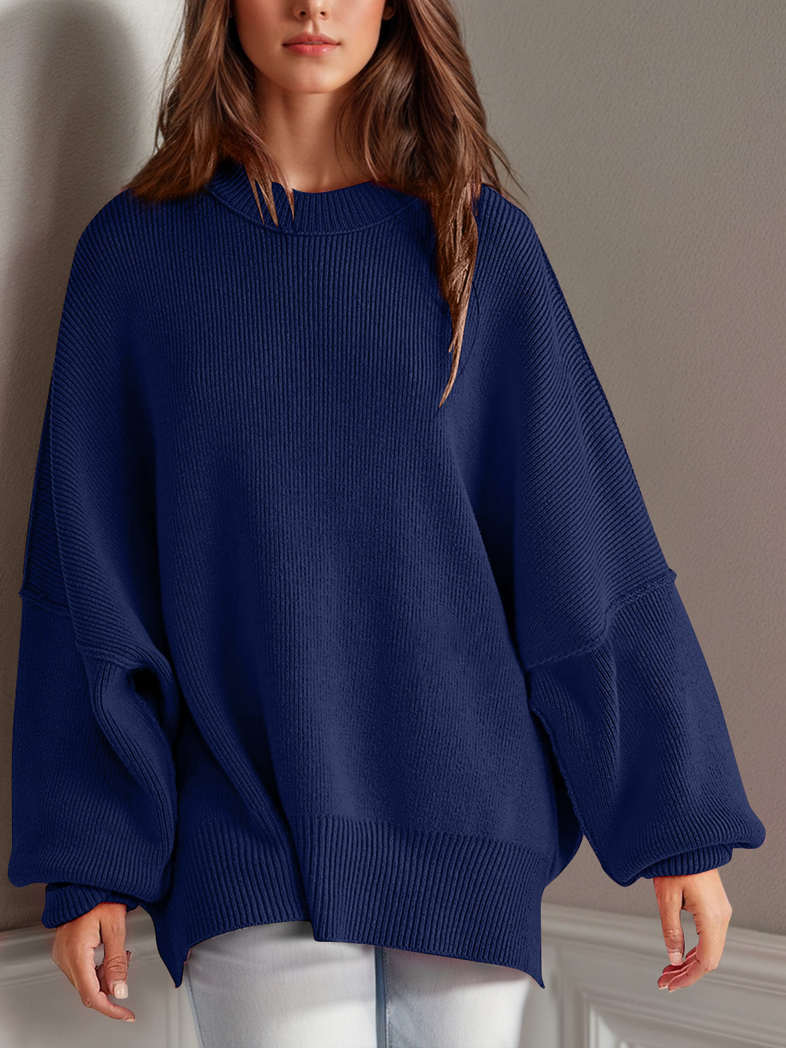 Buy dark-blue Double Take Side Slit Round Neck Long Sleeve Sweater