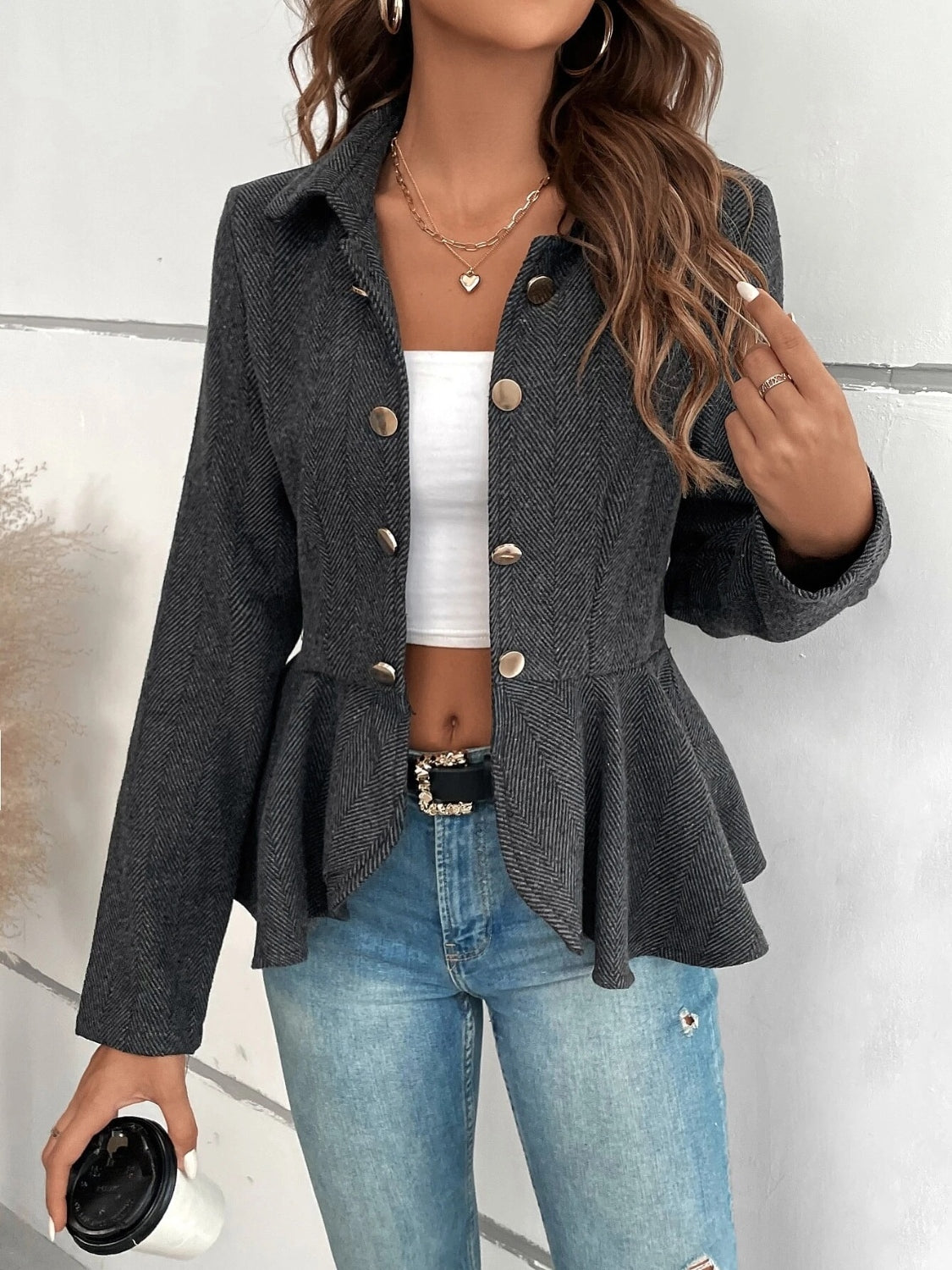 Buy dark-gray Ruffle Hem Collared Blazer