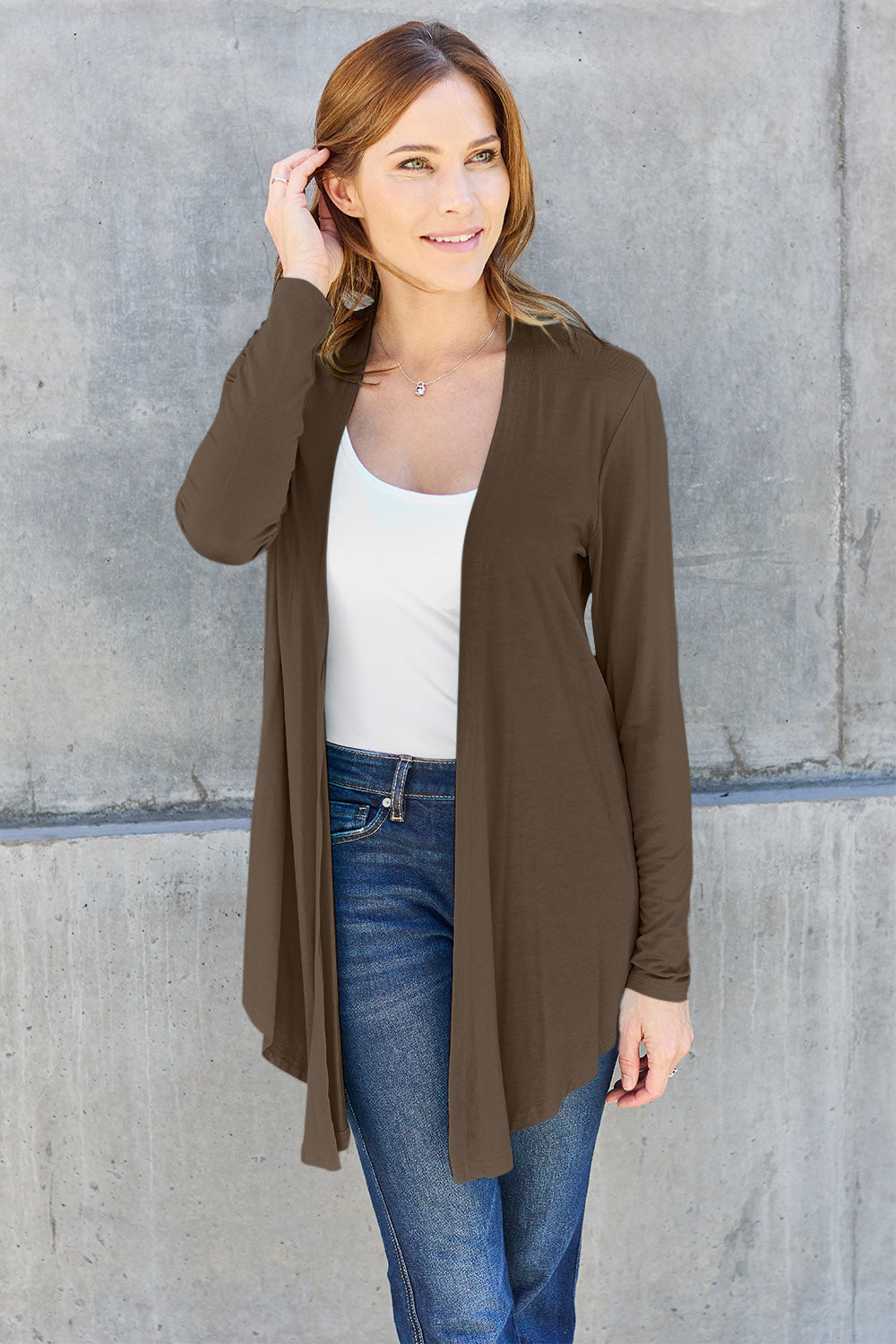 Buy brown Basic Bae Full Size Open Front Long Sleeve Cardigan