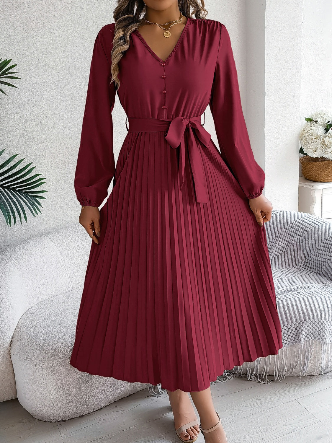 Buy burgundy Pleated Tied V-Neck Long Sleeve Dress