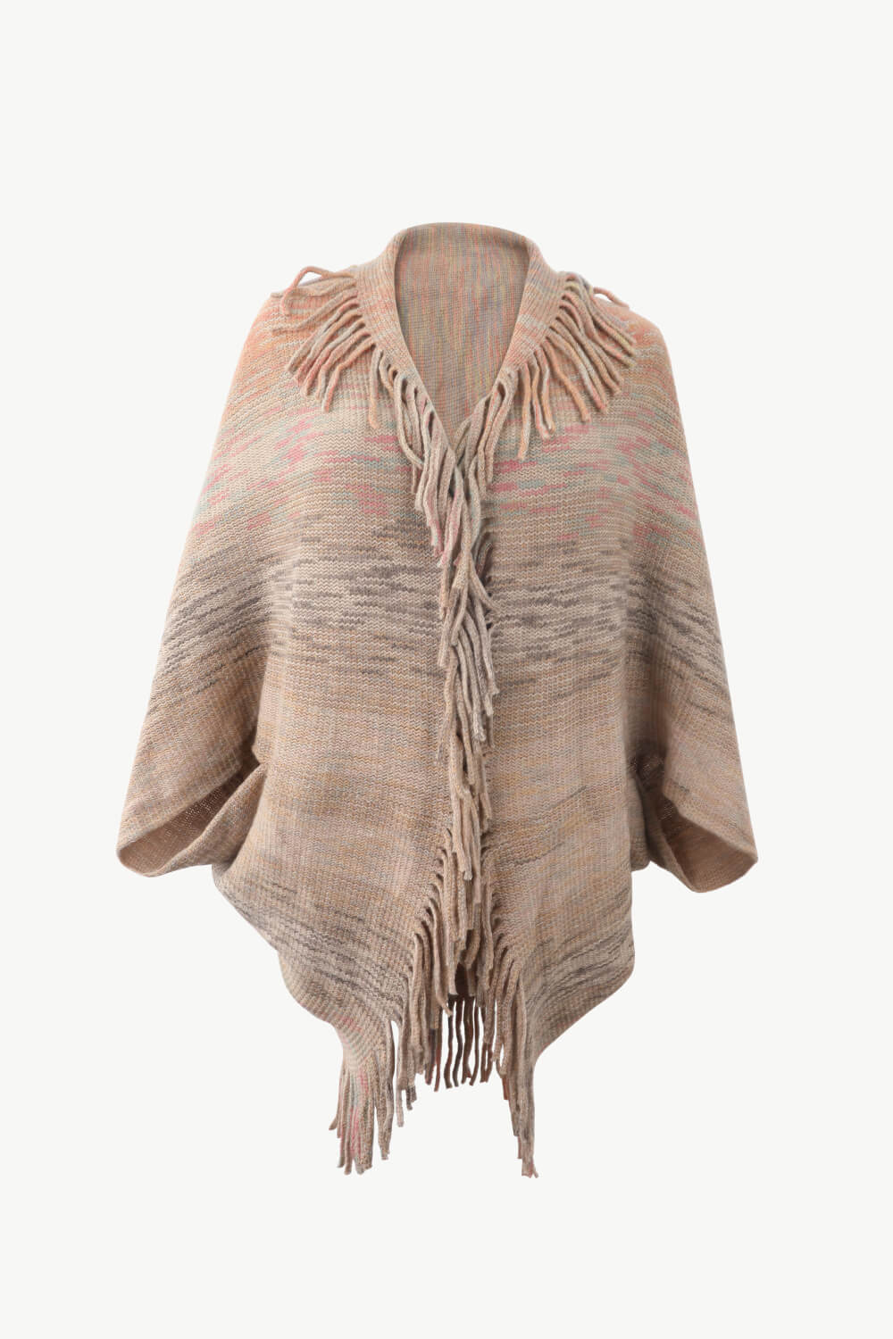 Buy mocha Multicolored Fringe Trim Poncho