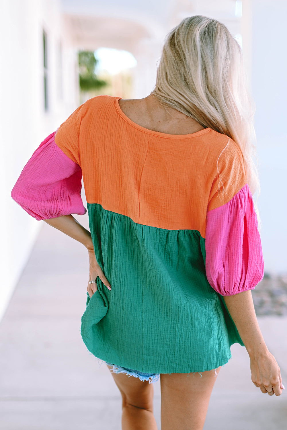 Color Block V-Neck Babydoll Blouse