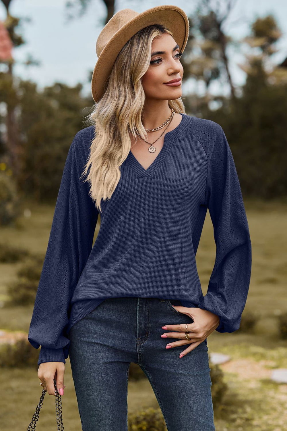 Buy dark-blue Notched Neck Raglan Sleeve Blouse