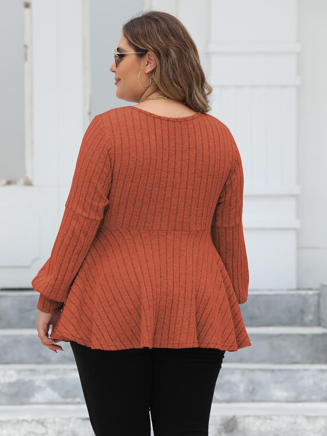 Plus Size Ribbed V-Neck Long Sleeve Blouse