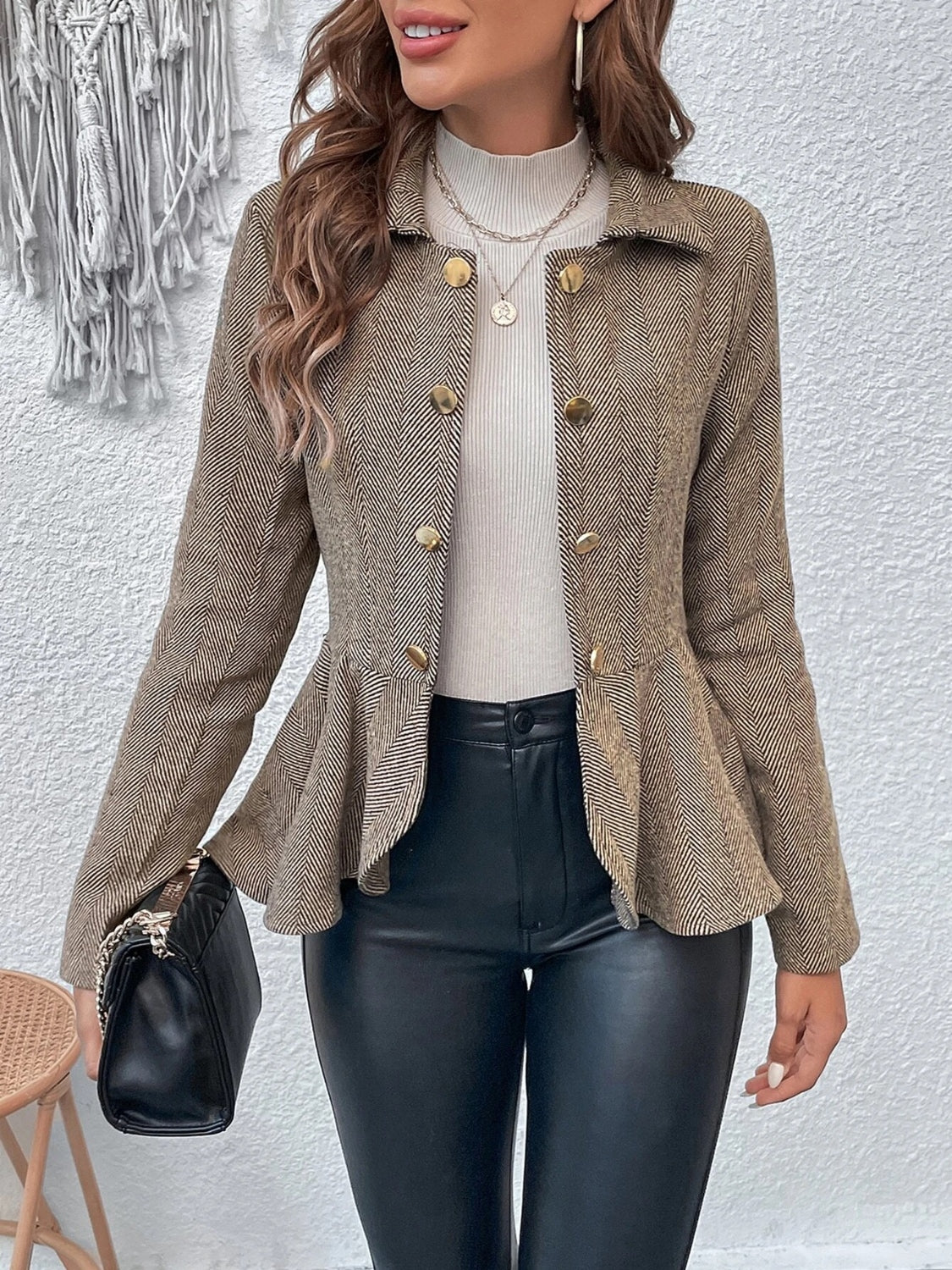 Buy khaki Ruffle Hem Collared Blazer