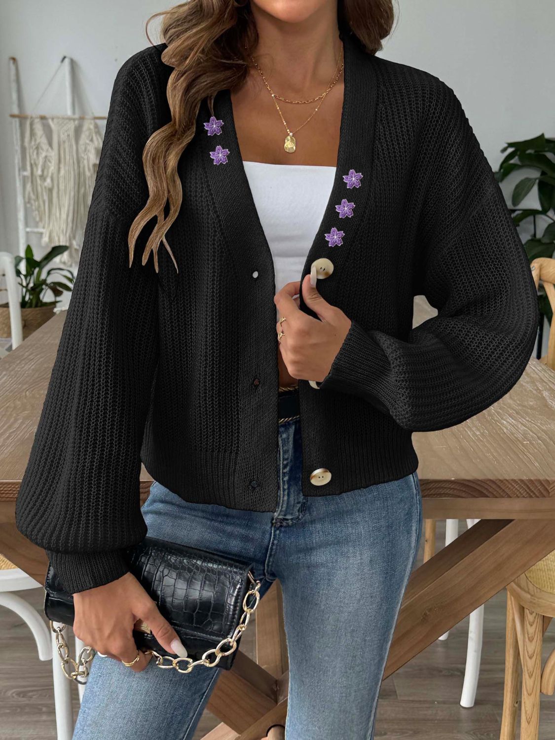 Buy black V-Neck Button Up Long Sleeve Cardigan