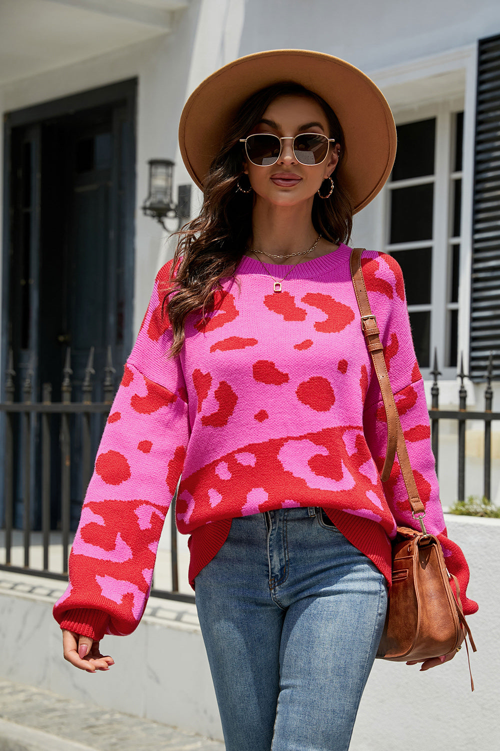 Buy hot-pink Leopard Drop Shoulder Sweater