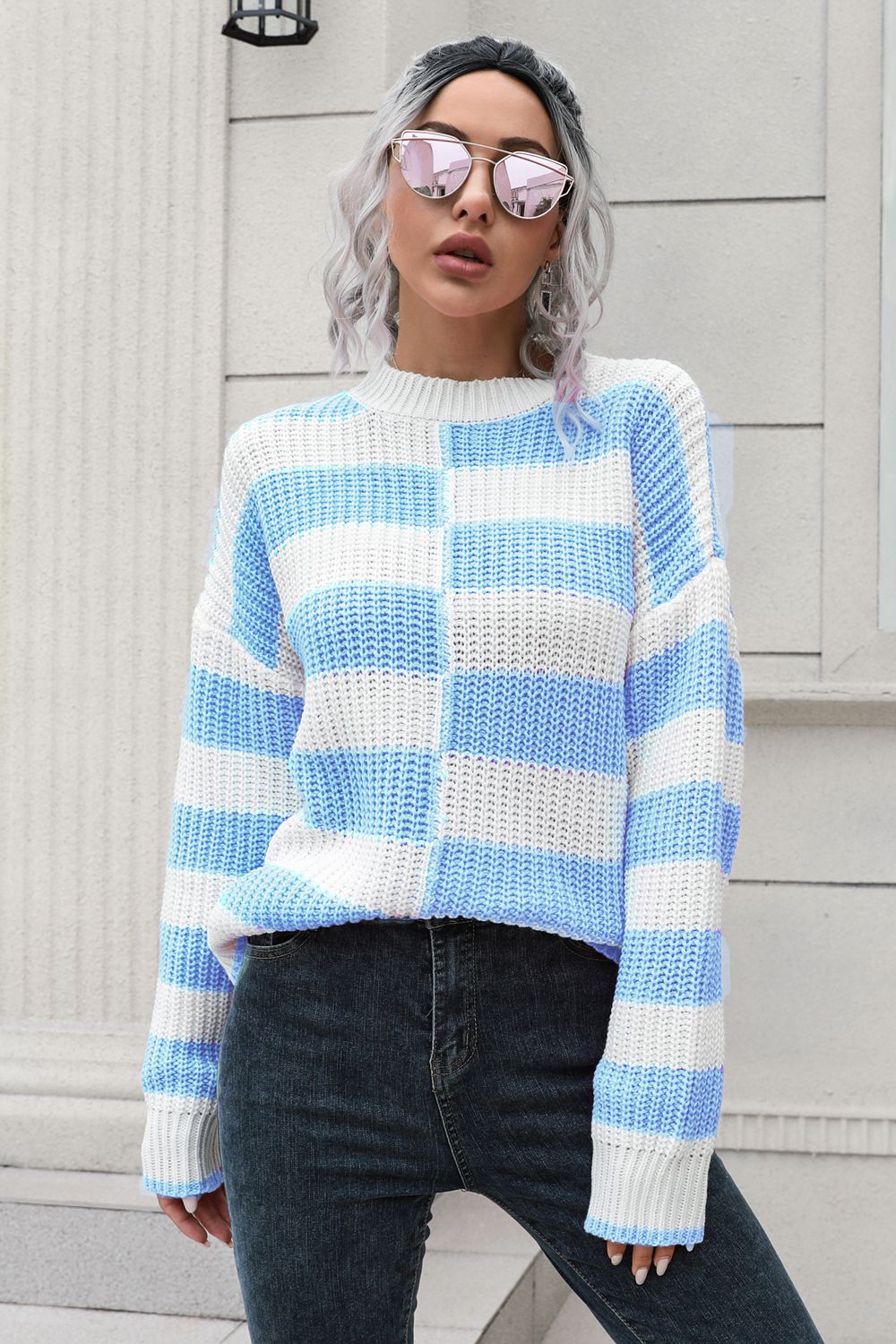 Buy light-blue Color Block Dropped Shoulder Sweater