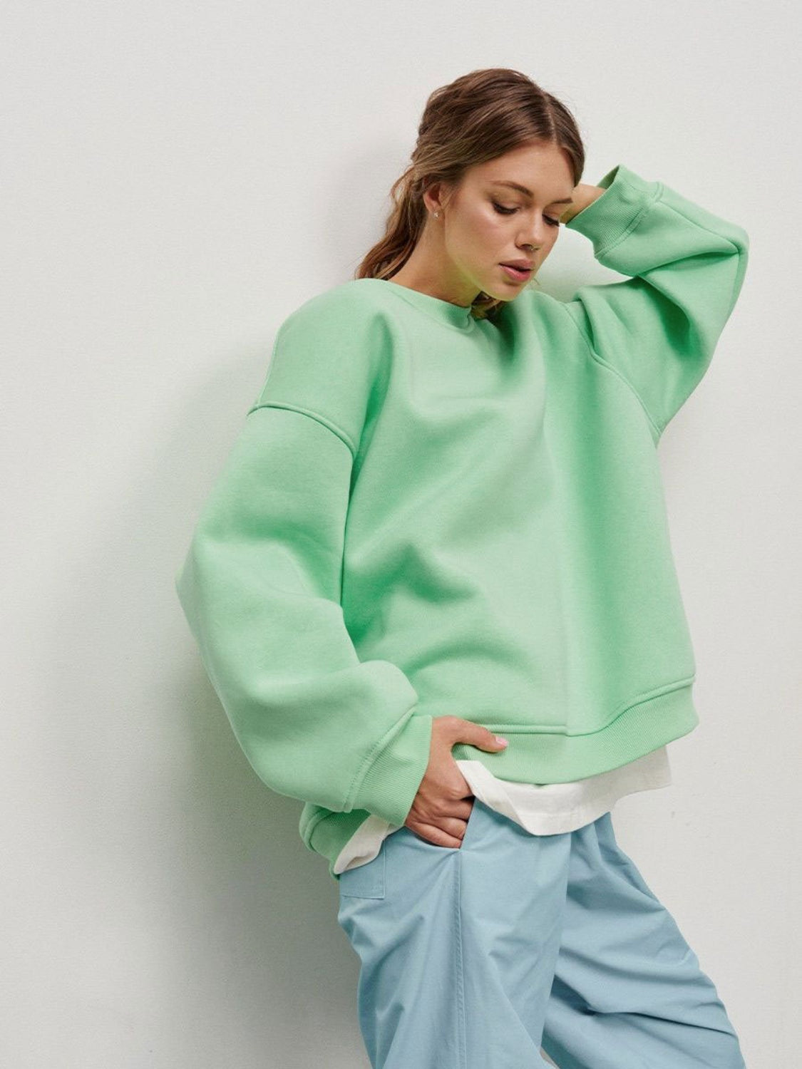 Buy neon-green Oversize Round Neck Dropped Shoulder Sweatshirt