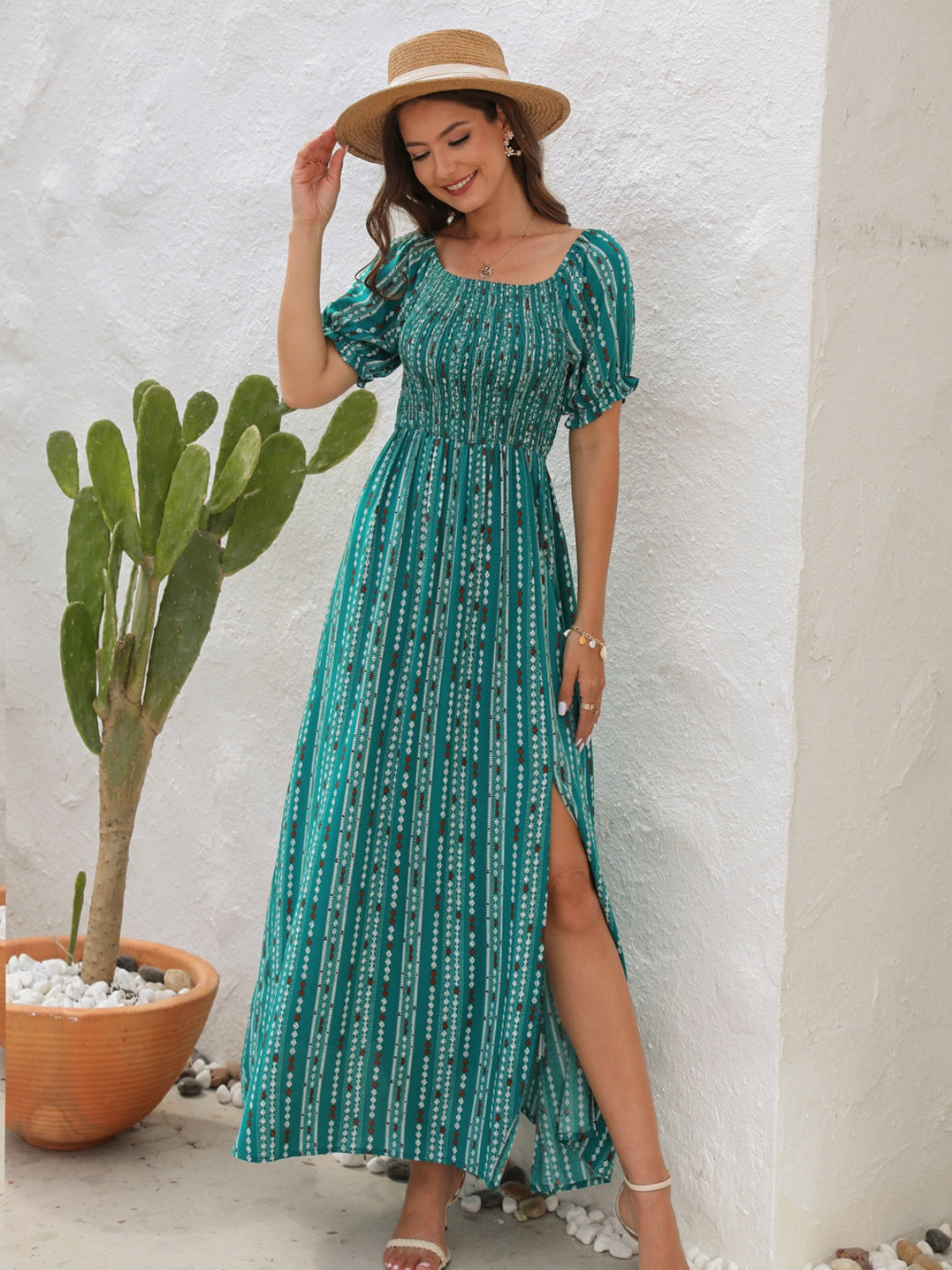 Buy teal Slit Printed Short Sleeve Dress