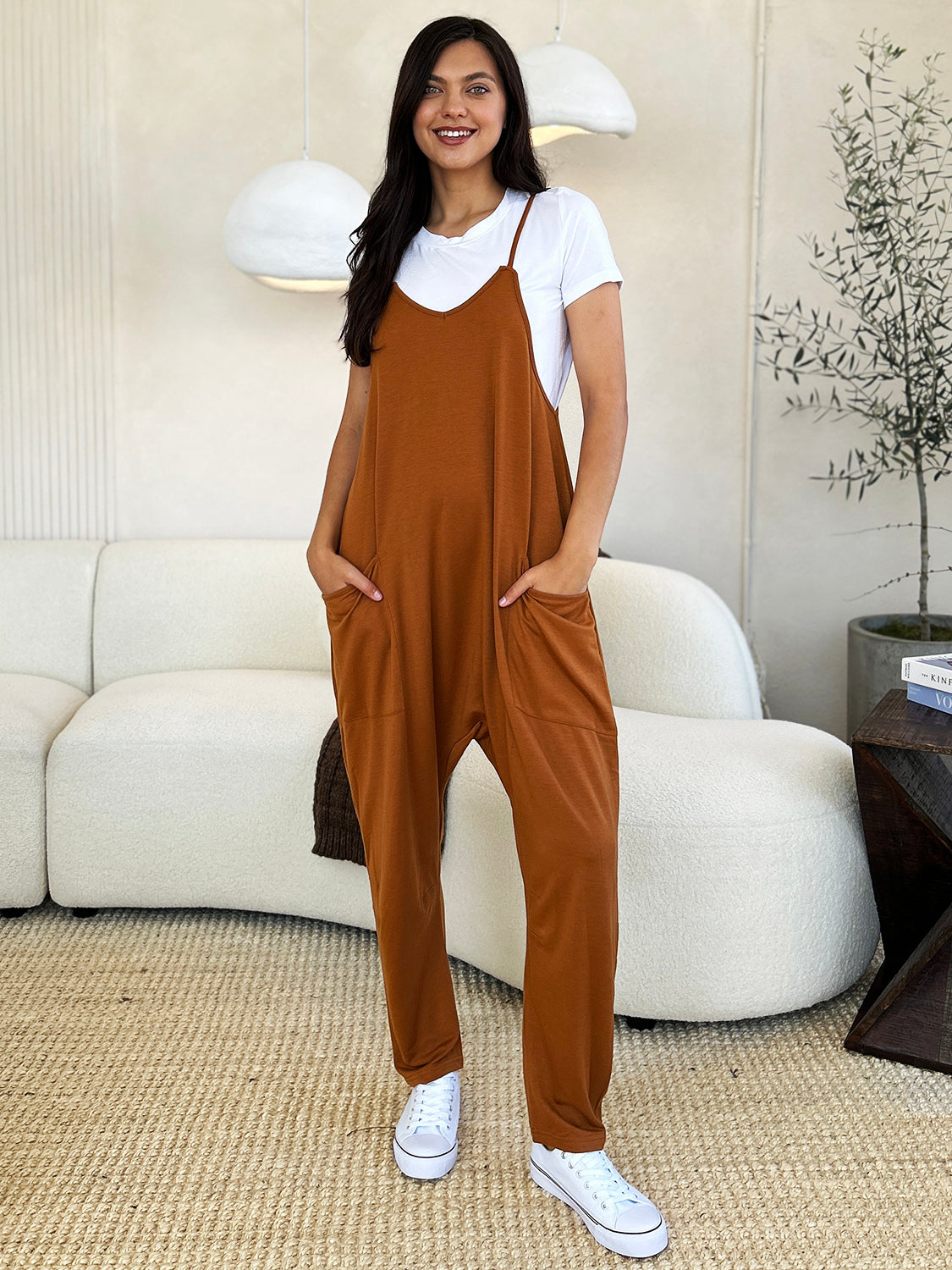 Buy caramel Double Take Full Size Sleeveless V-Neck Pocketed Jumpsuit