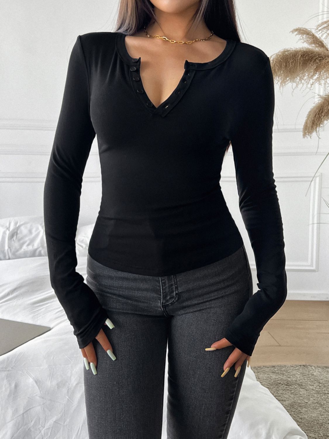 Buy black Devine Quarter Button Long Sleeve T-Shirt