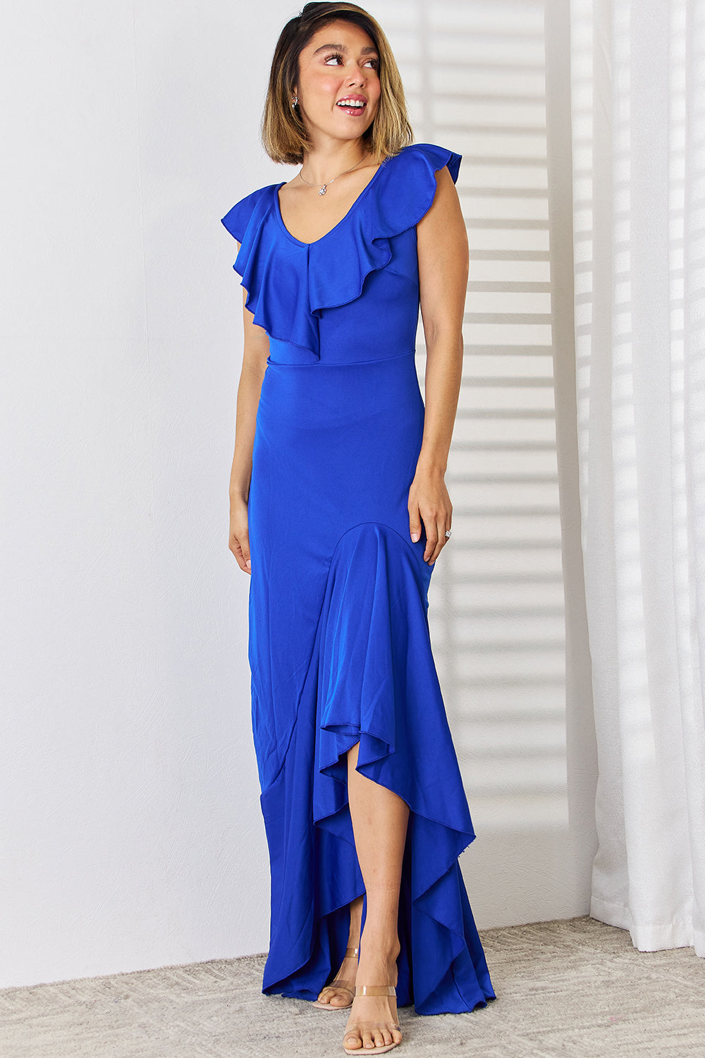 Buy dark-blue Ruffled V-Neck High-Low Dress